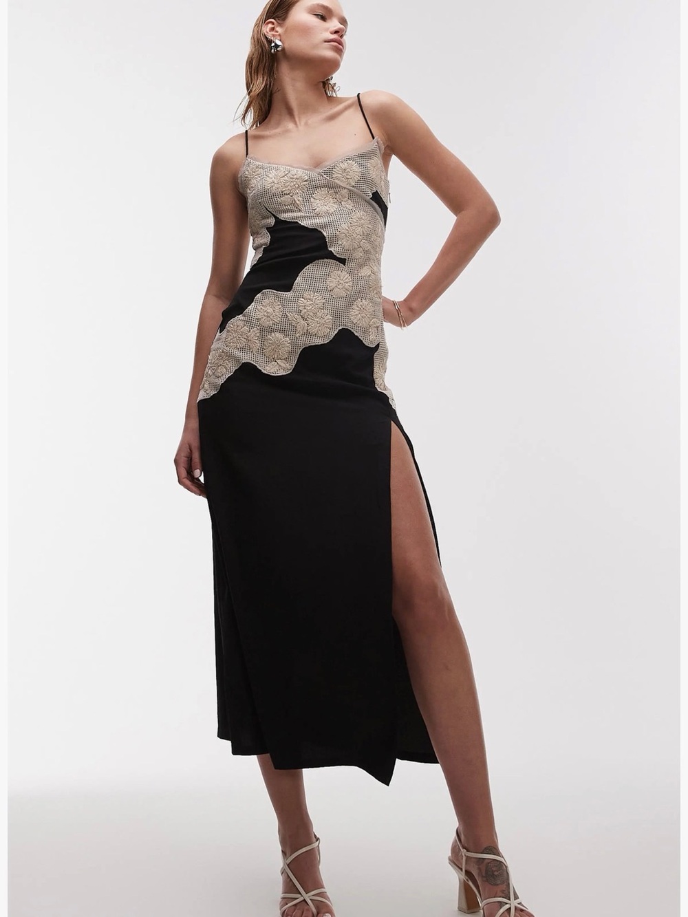 Topshop Contrast Raffia Floral Midi Slip Dress Black US 2 - Picture 7 of 9